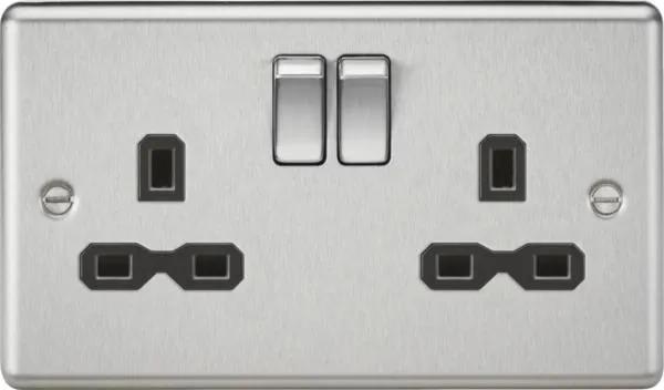 2 Gang Socket with Black Insert Rounded Edge Brushed Chrome (Brushed Chrome Black)