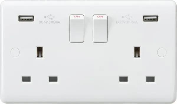 Curved Edge 13A 2G Switched Socket with Dual USB Charger (5V DC 3.1A shared) (White)