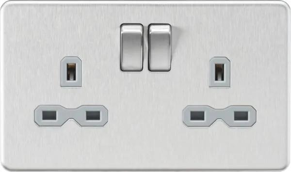 Screwless 13A 2G DP switched socket – Brushed chrome with grey insert (Brushed Chrome Grey)