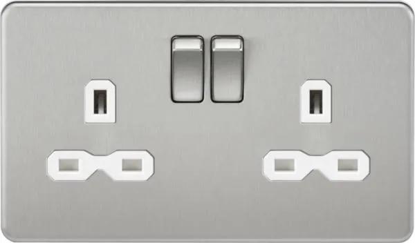 Screwless 13A 2G DP switched socket – brushed chrome with white insert (Brushed Chrome White)