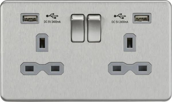 2 Gang socket USB Brushed Chrome with Grey insert (Brushed Chrome Grey)