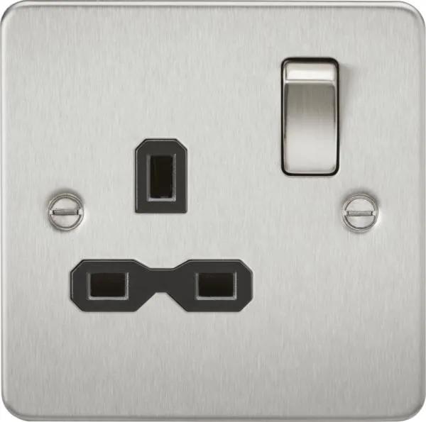 Flat plate 13A 1G DP switched socket – brushed chrome with black insert (Brushed Chrome Black)