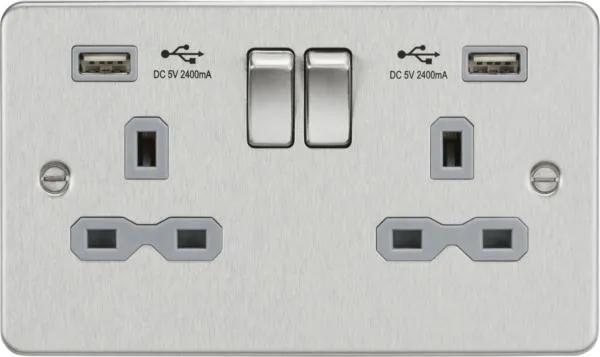 13A 2G switched socket with dual USB charger A + A (2.4A) – Brushed chrome with grey insert (Brushed Chrome Grey)