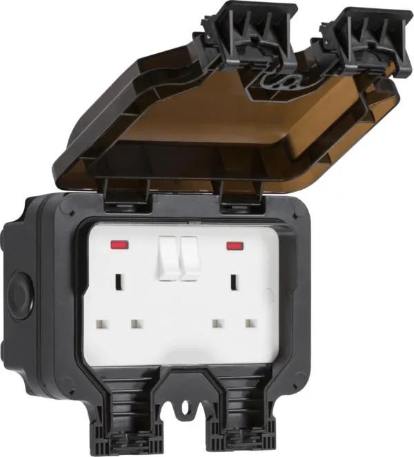Weatherproof IP66 13A 2G DP switched socket with neons – Black