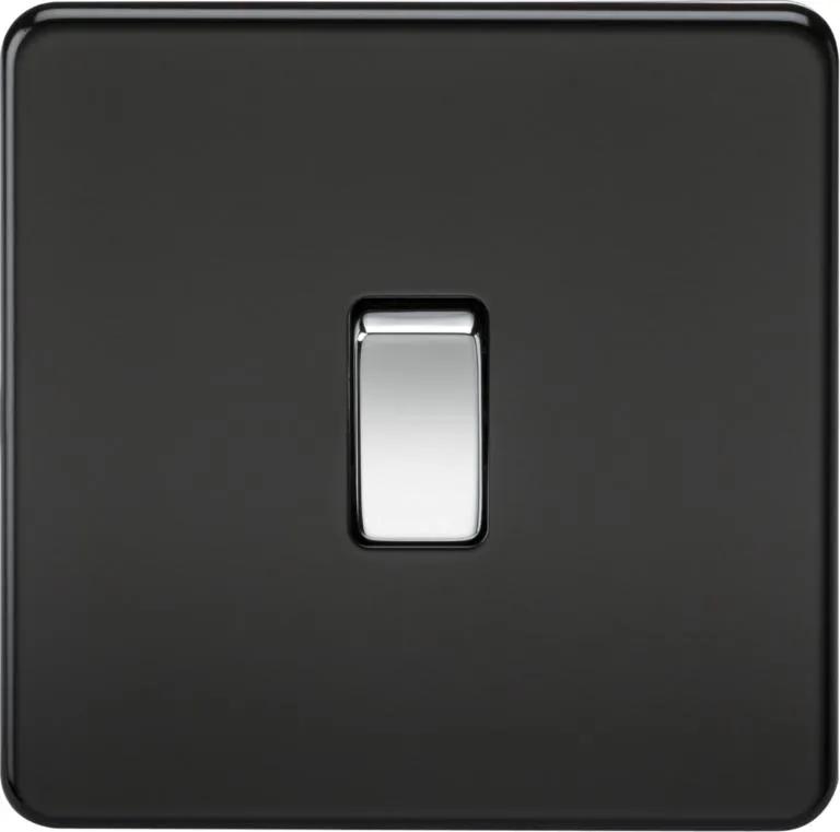 Screwless 10AX 1G 2-Way Switch – Matt Black with Chrome Rocker (Chrome Black)